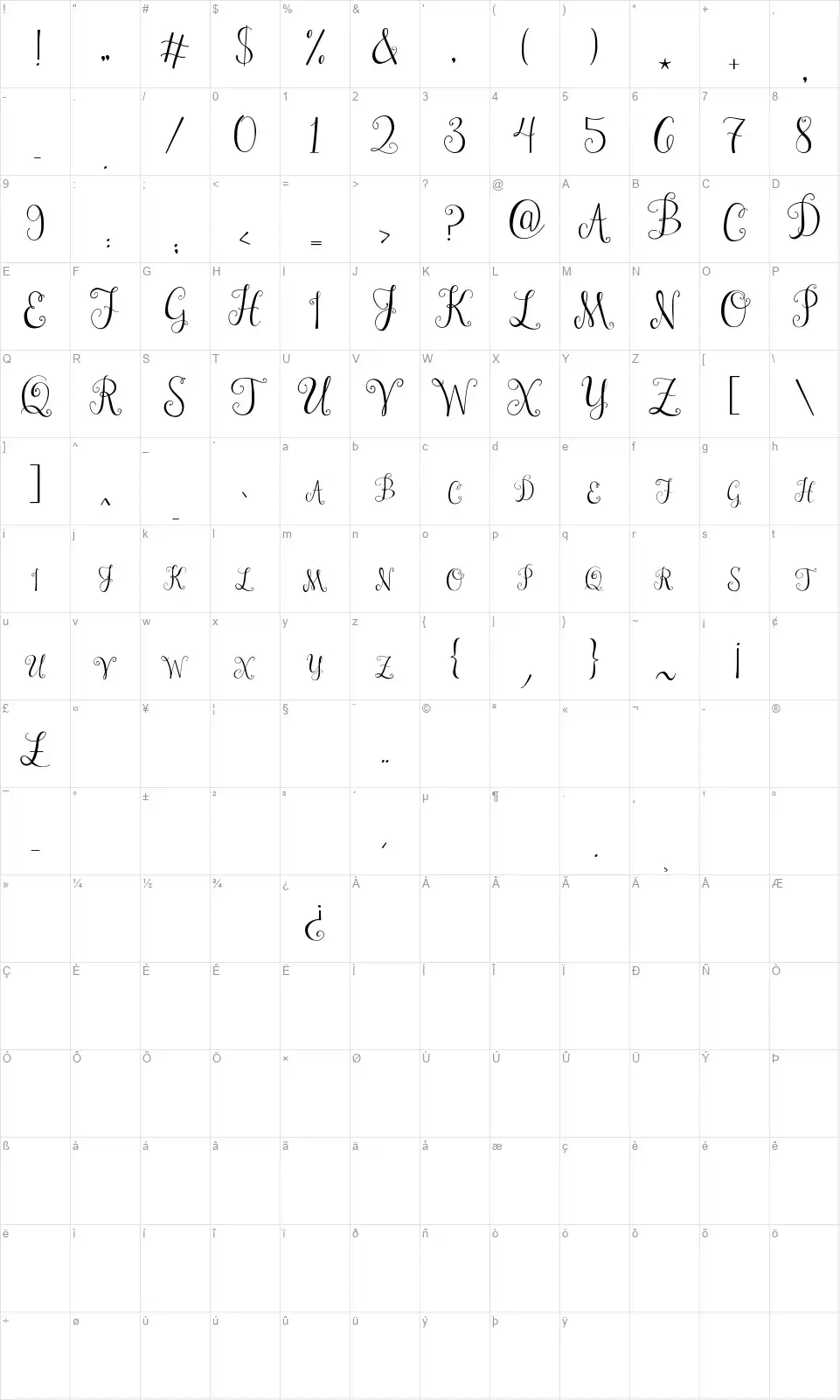 Janda Stylish Monogramfont character map