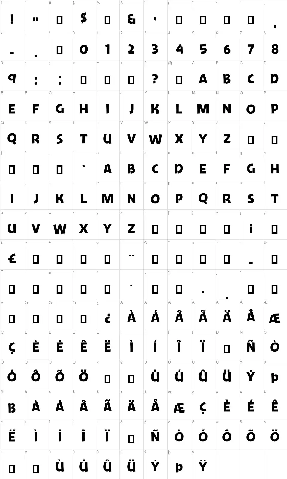 Jengle Jungalleryfont character map