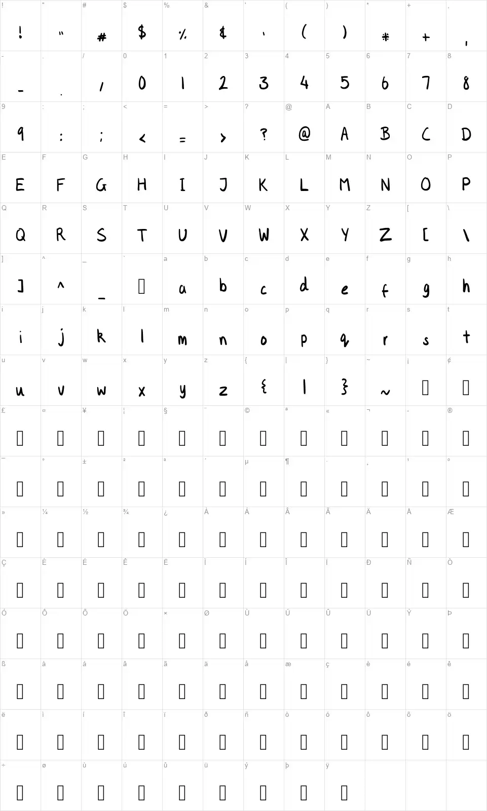 Kidultfont character map