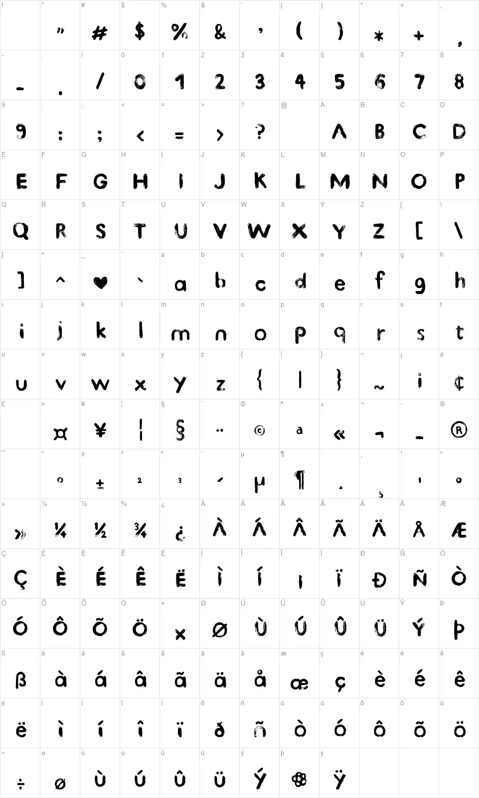 Kind Typefont character map