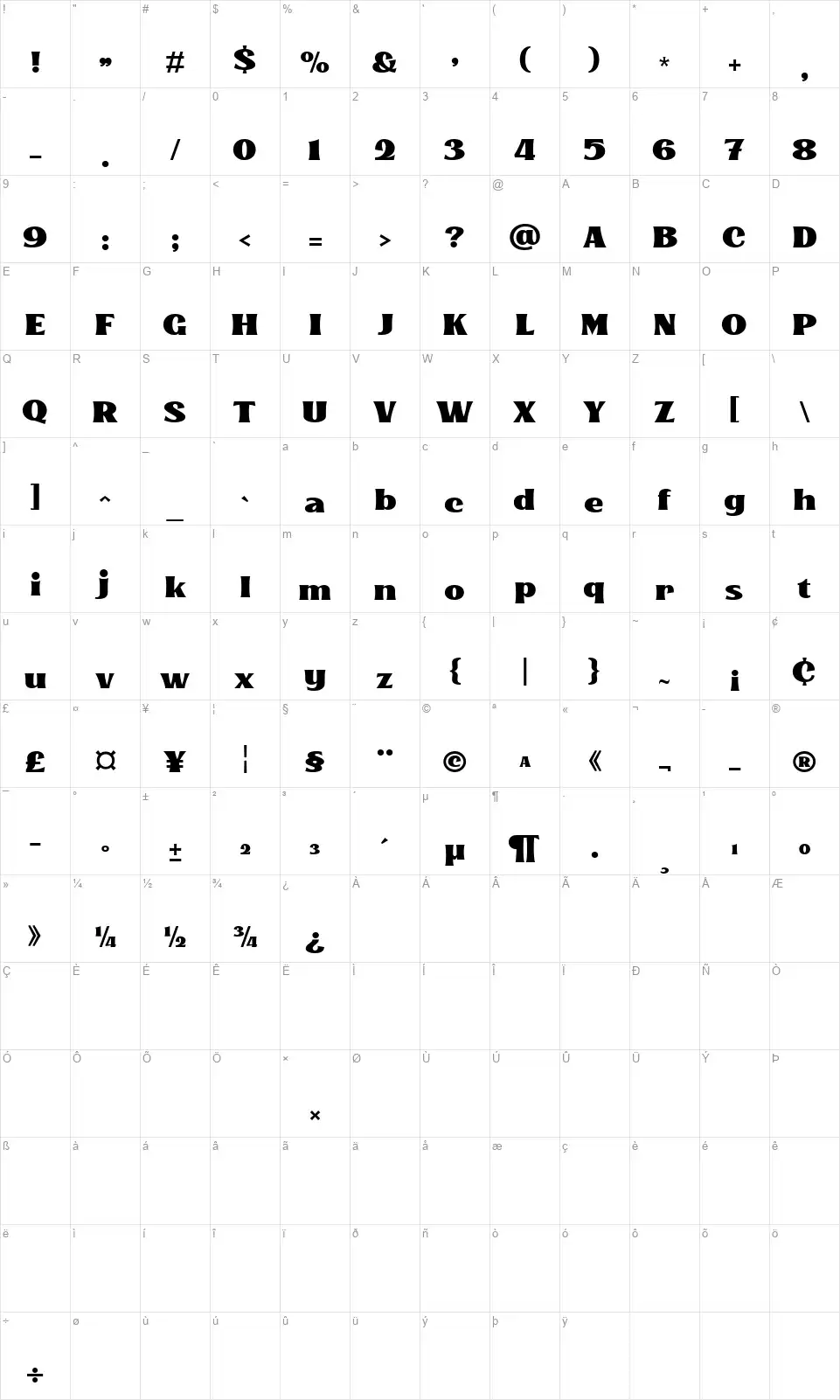 Kinsale Displayfont character map