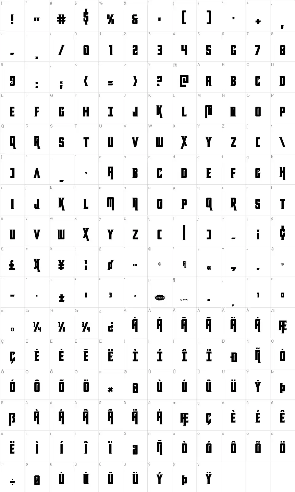 Kondorfont character map