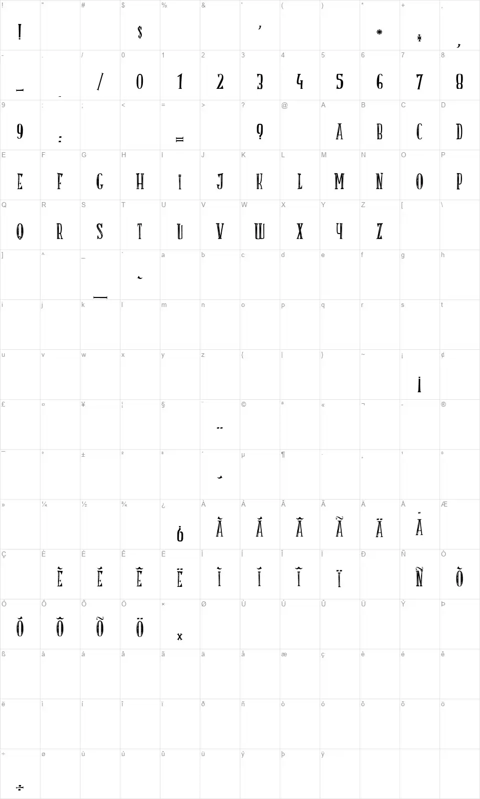 La Truite font character map