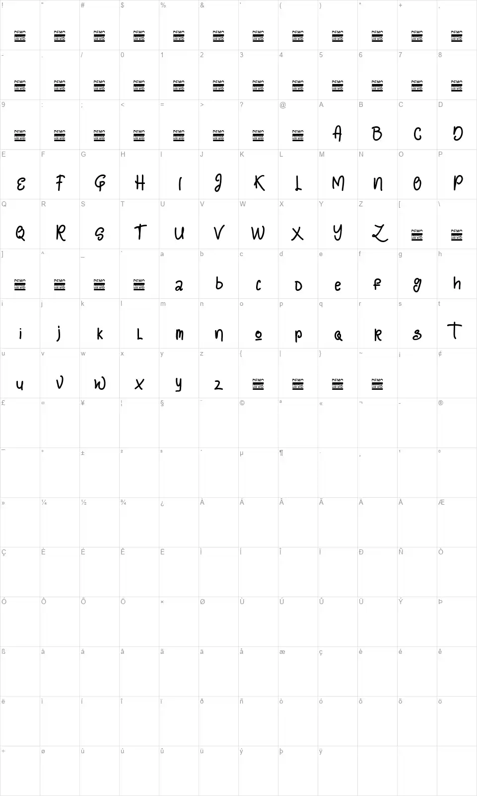 Lazy Quotesfont character map
