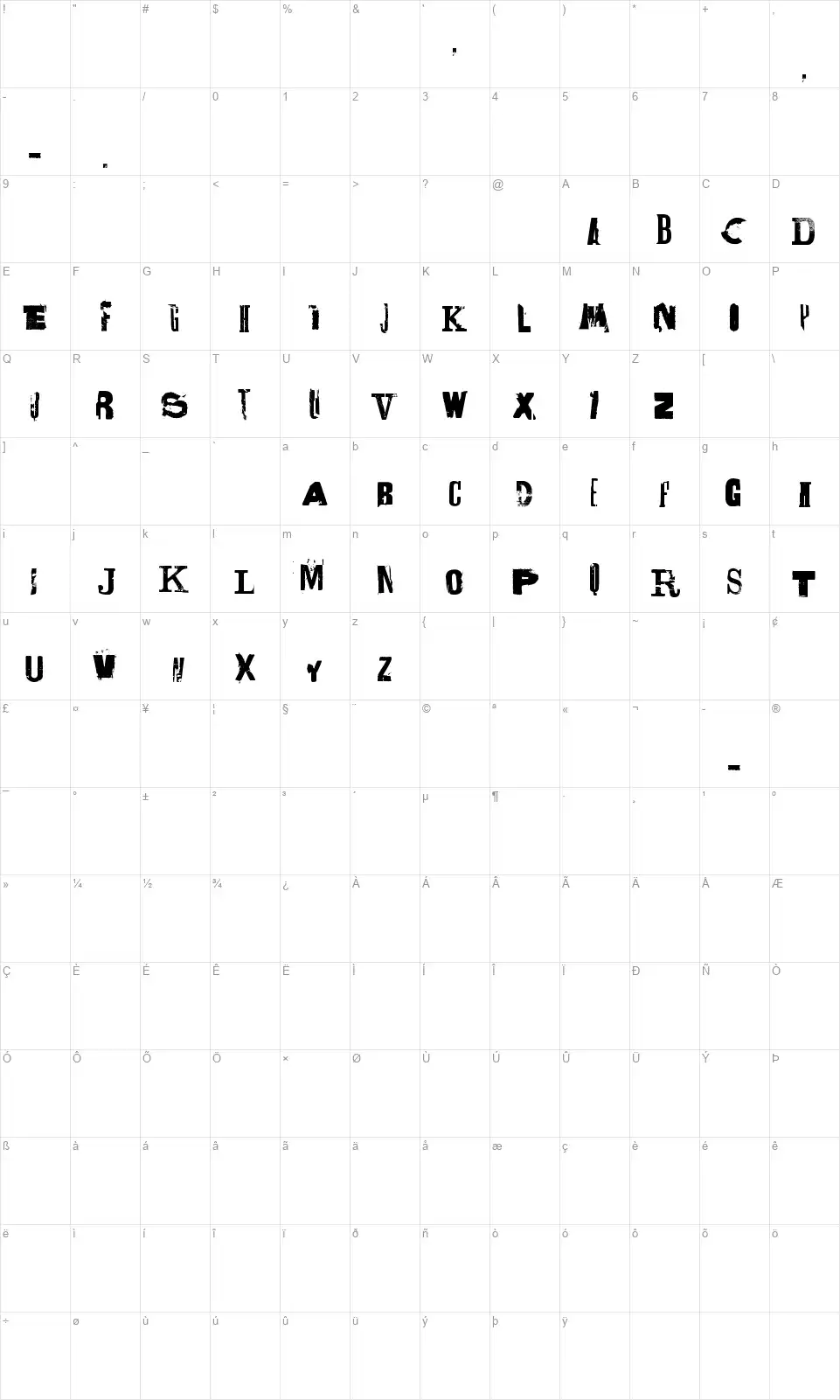 Lettrismefont character map