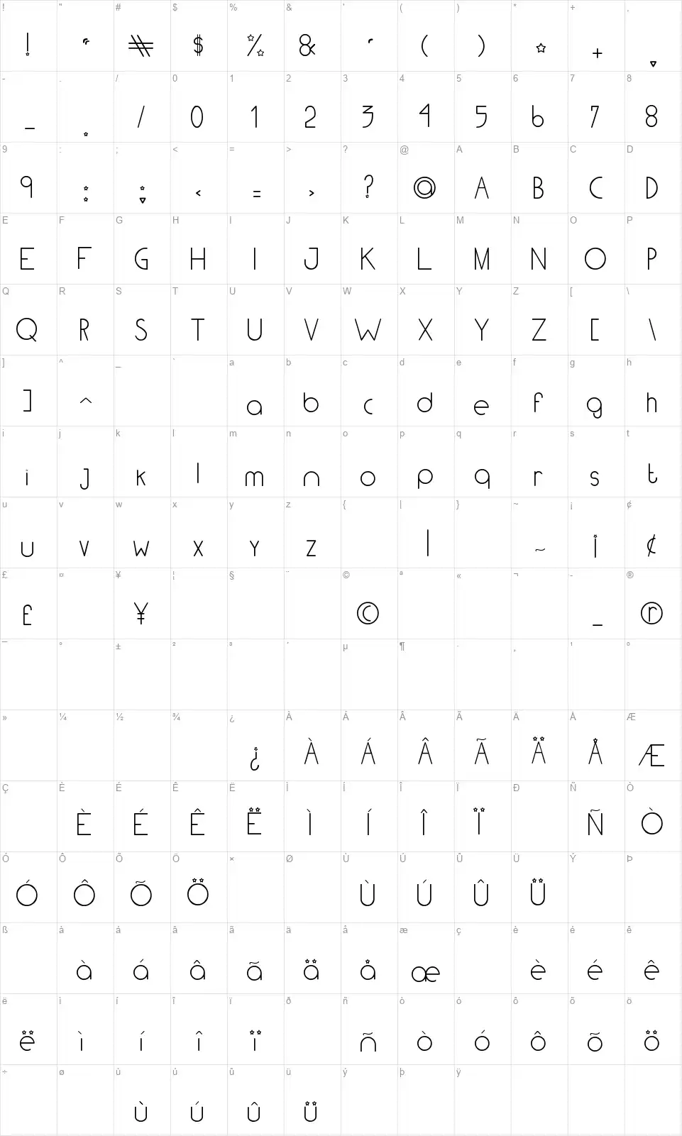 Light tfbfont character map
