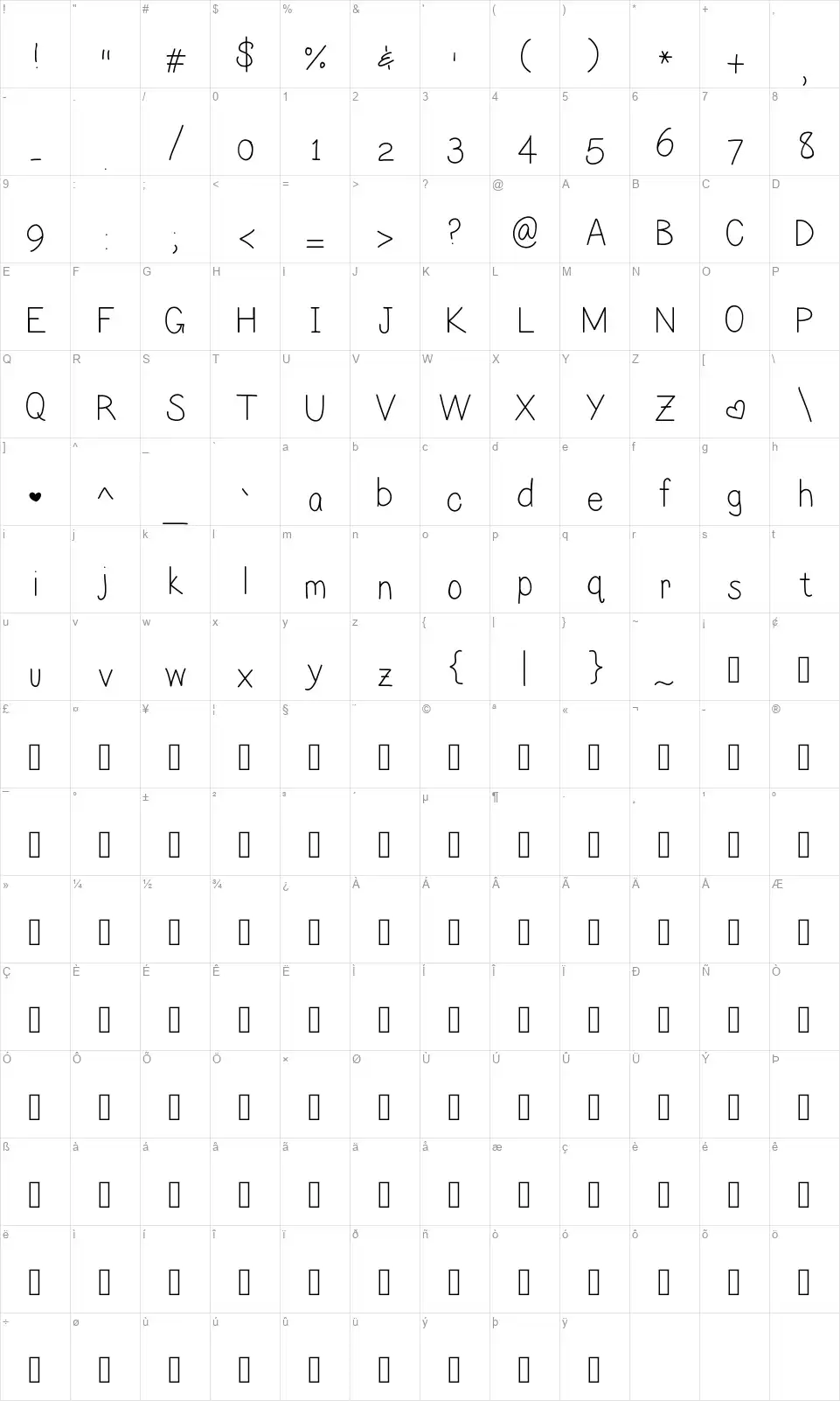 Lilianfont character map