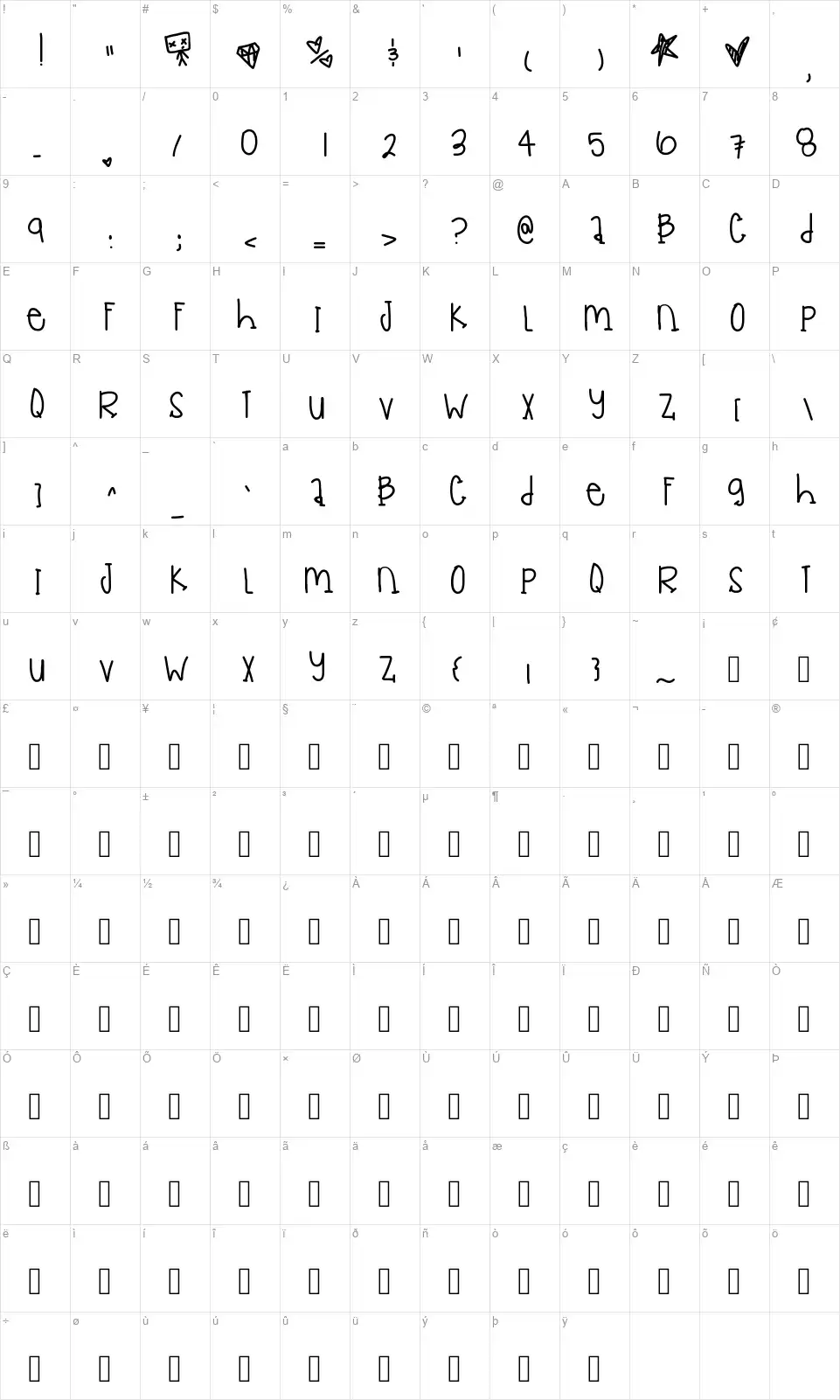 Little Flying Spidersfont character map