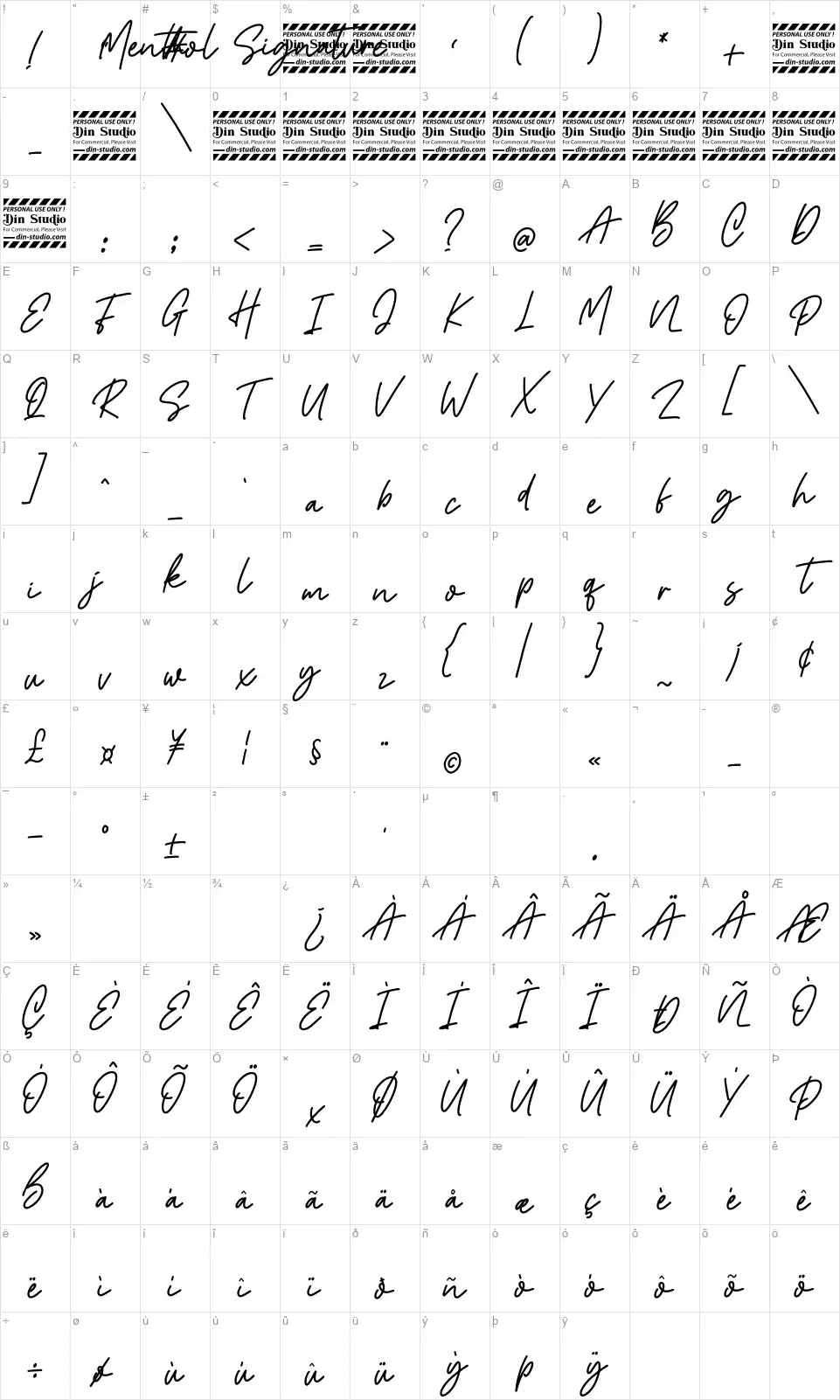 Menthol Signaturefont character map