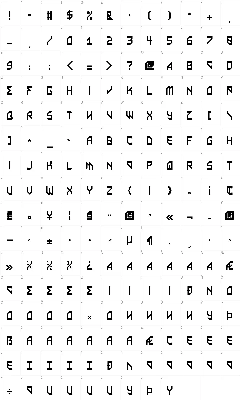 Metal Arhythmeticfont character map