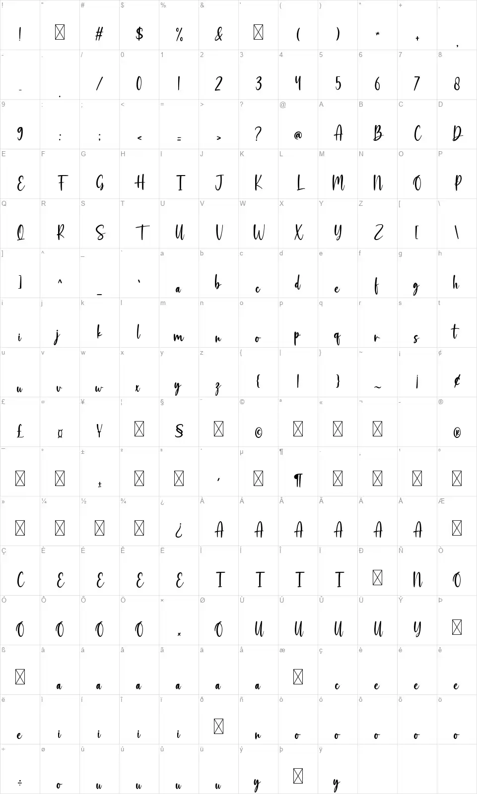 Moonflowersfont character map