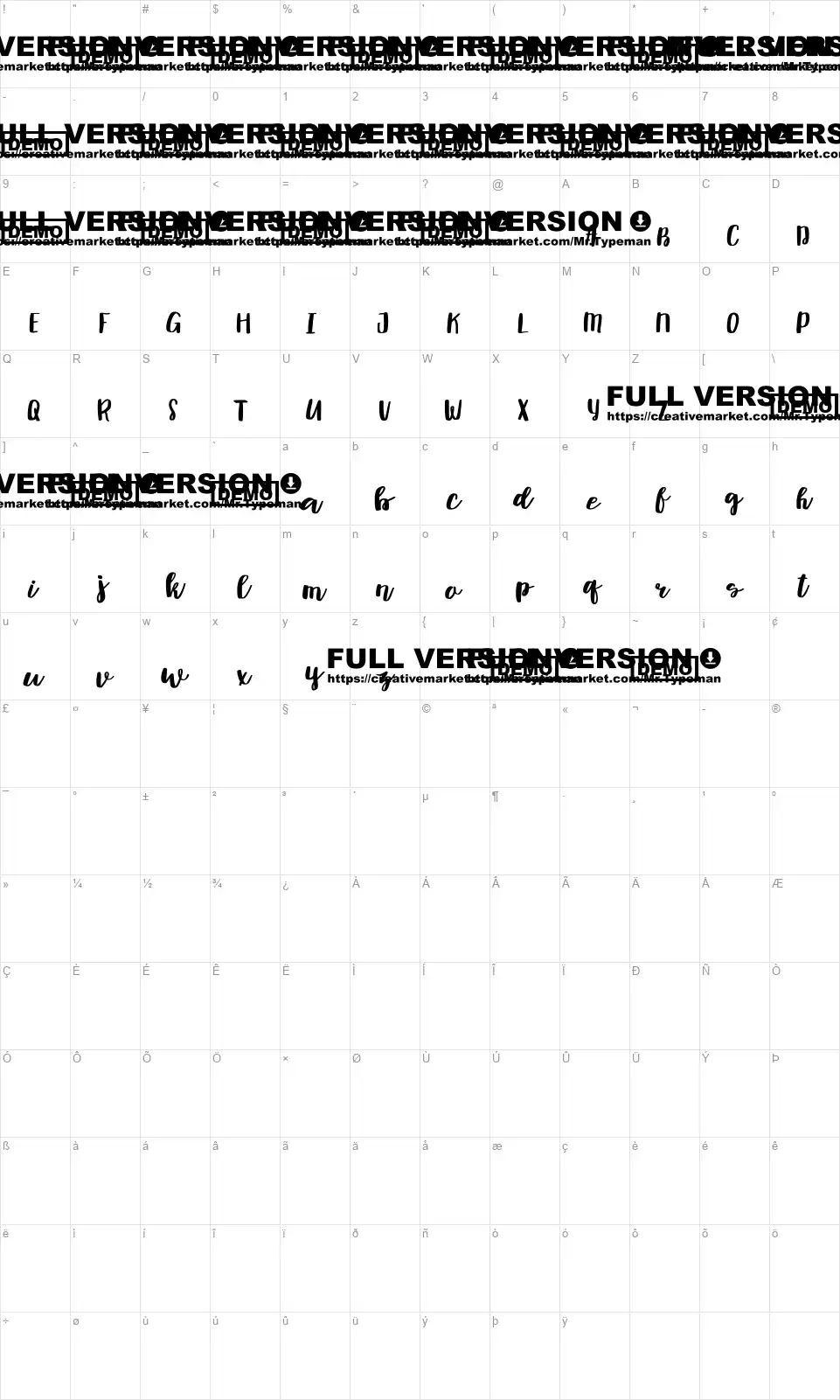 Muscatfont character map