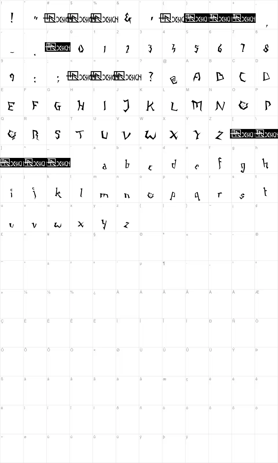 Napping Catfont character map