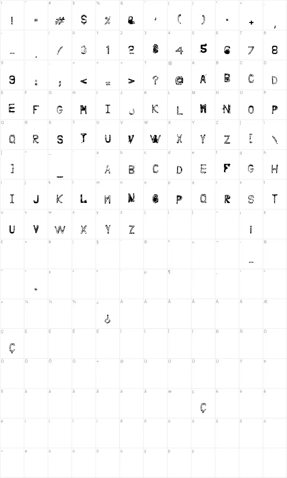 Nine Feet Underfont character map