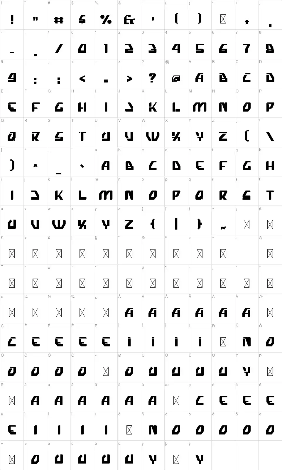 Nova Squadfont character map