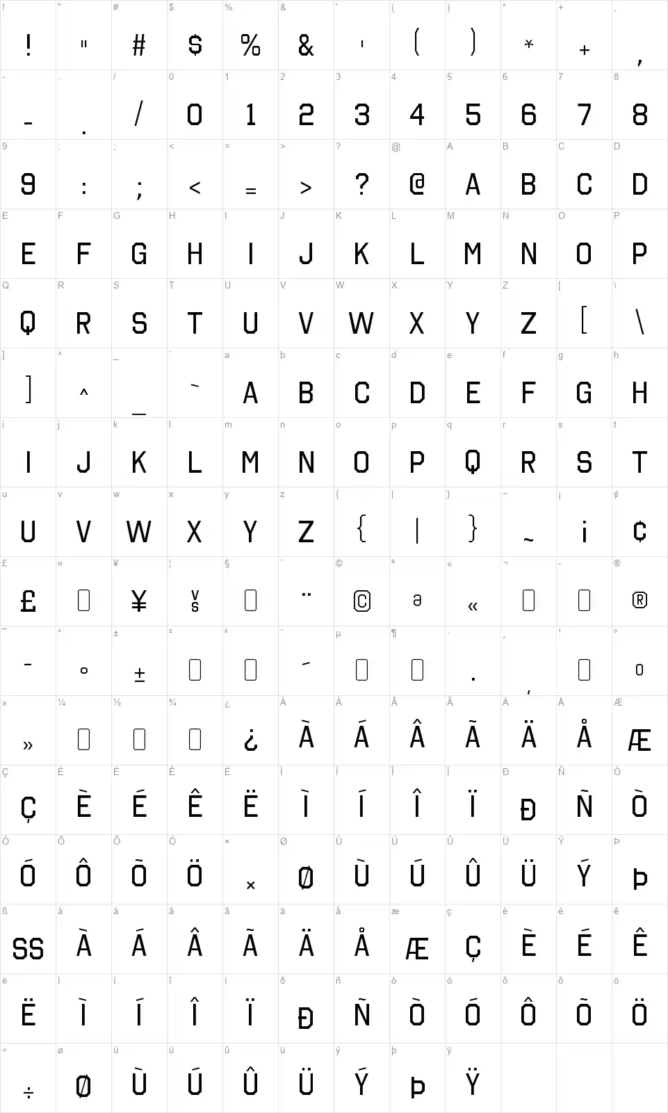 Octin College Freefont character map
