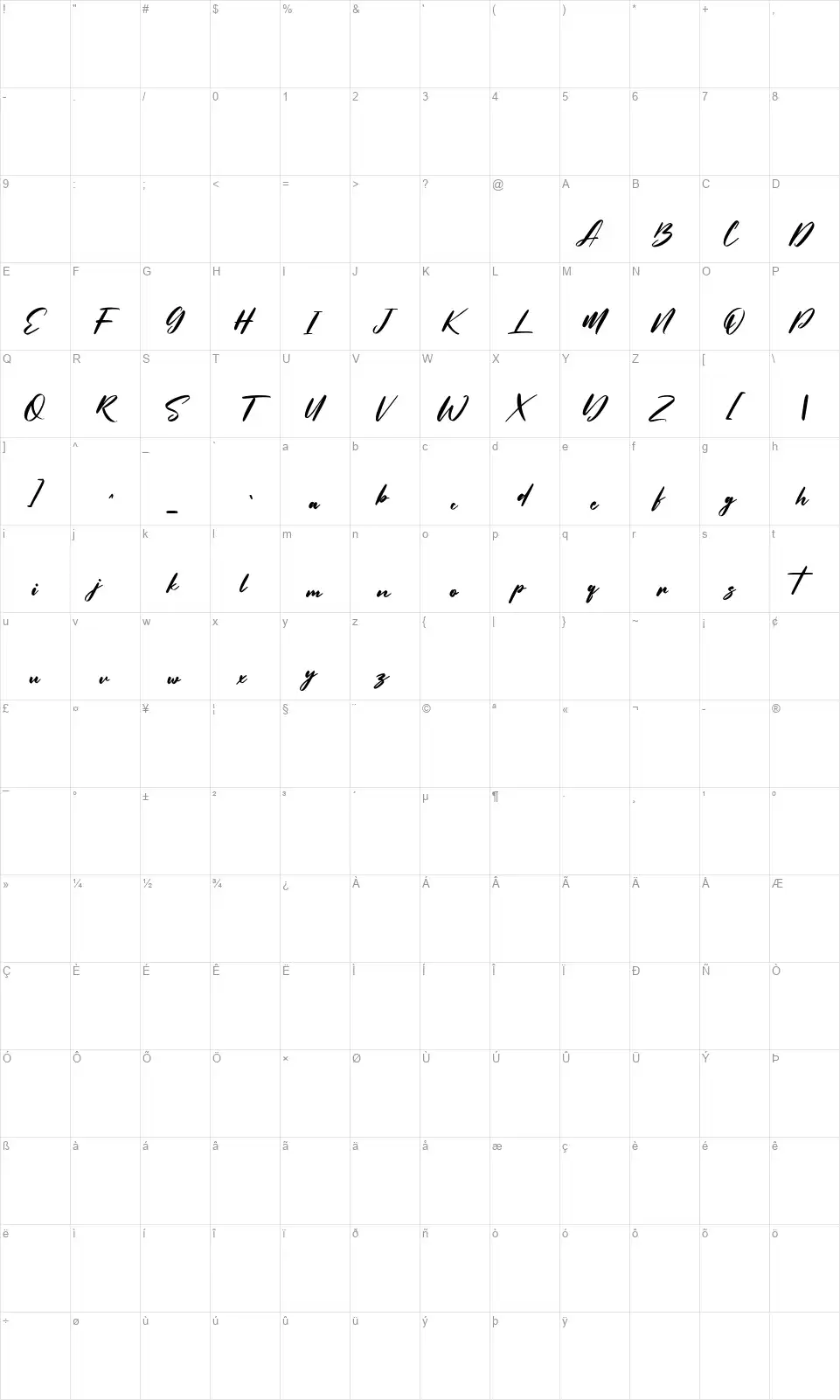 Overtis Signaturefont character map