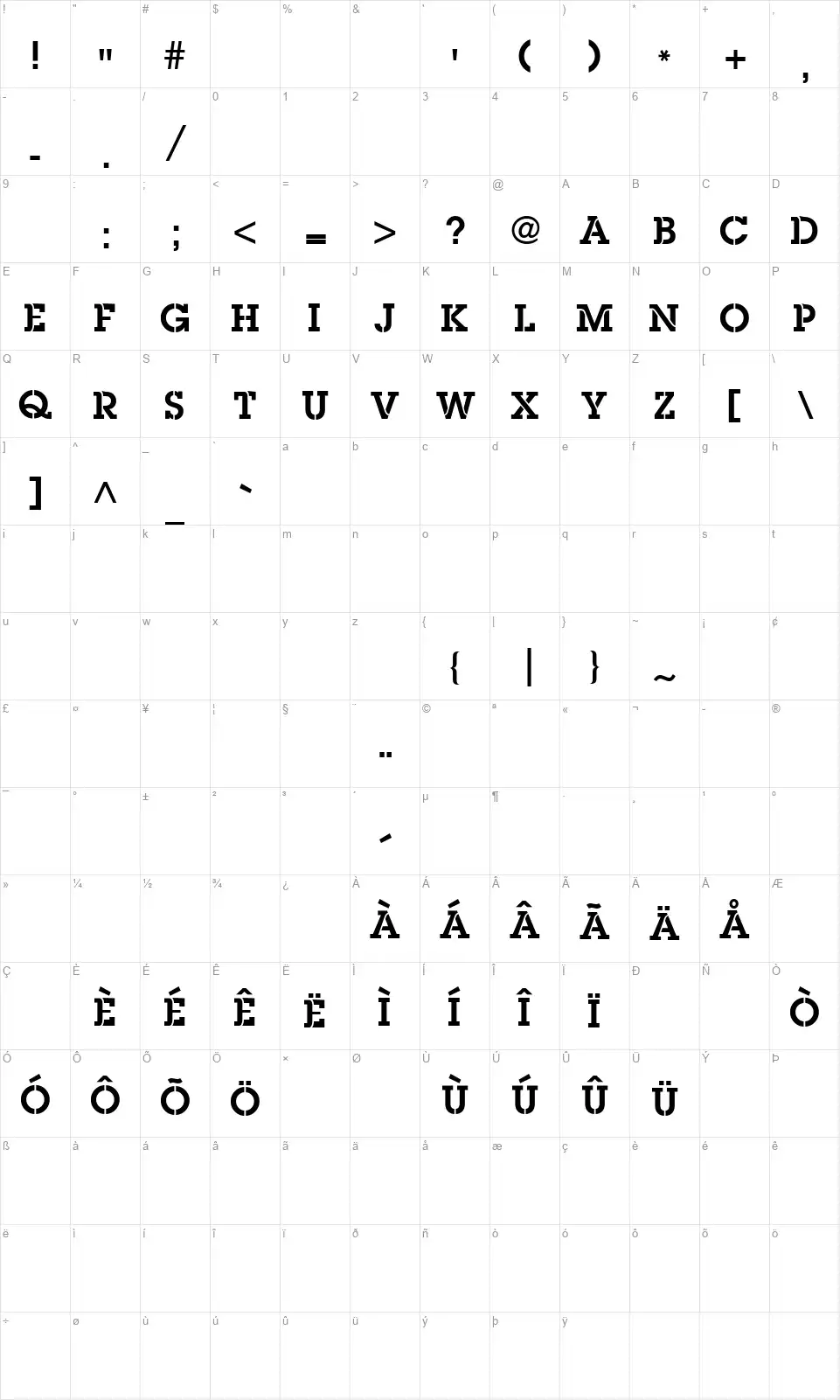 Pack'Infont character map