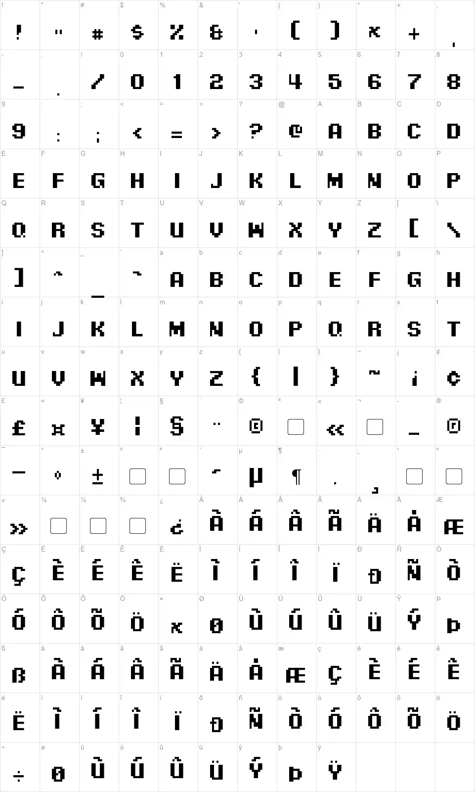 Pixel Digivolvefont character map