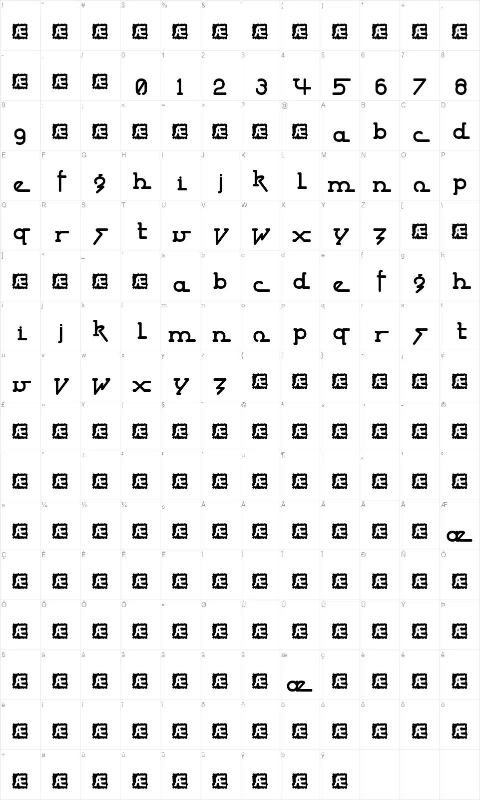 Powderworks BRKfont character map