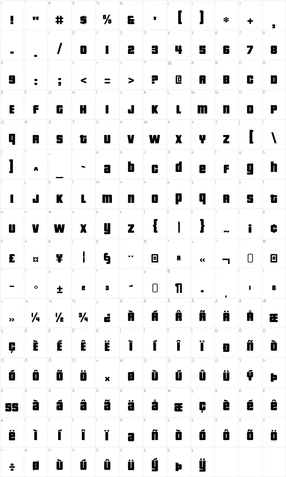 PricedownBl-Regularfont character map