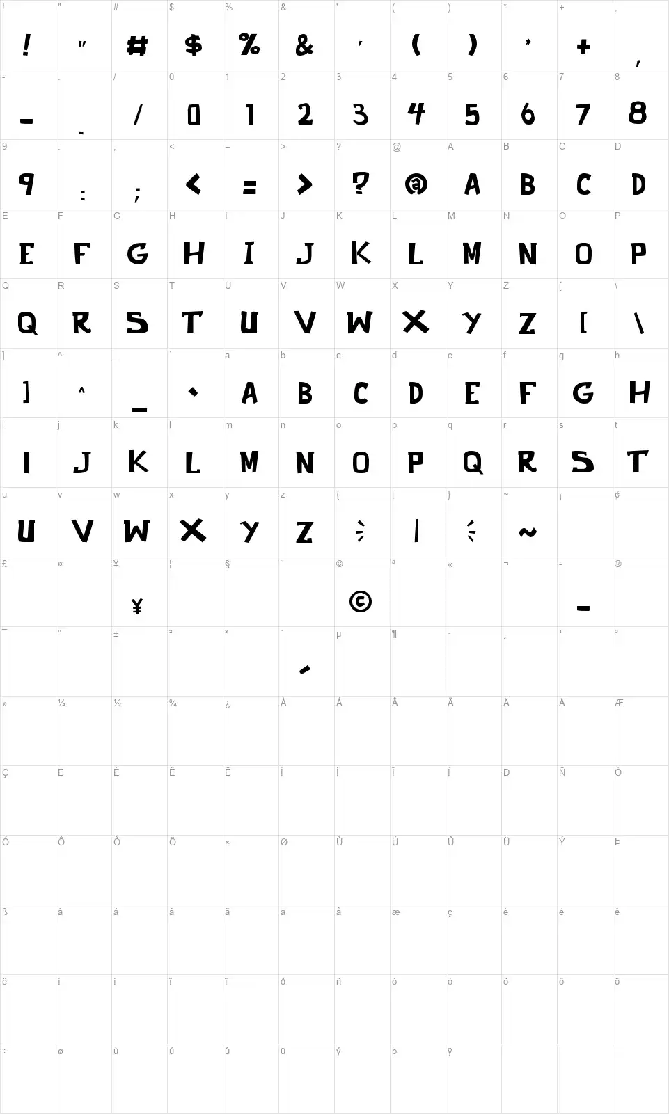 Punch It PGSfont character map