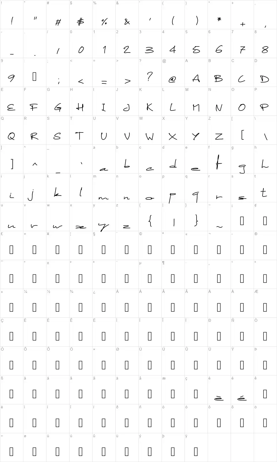 PW Stretchedfont character map