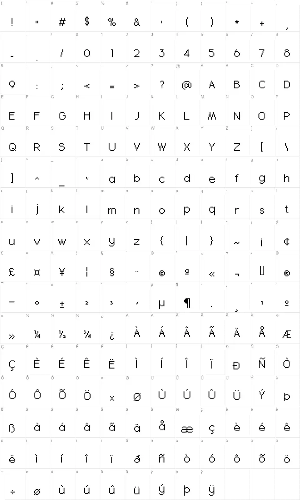 Quadrundefont character map