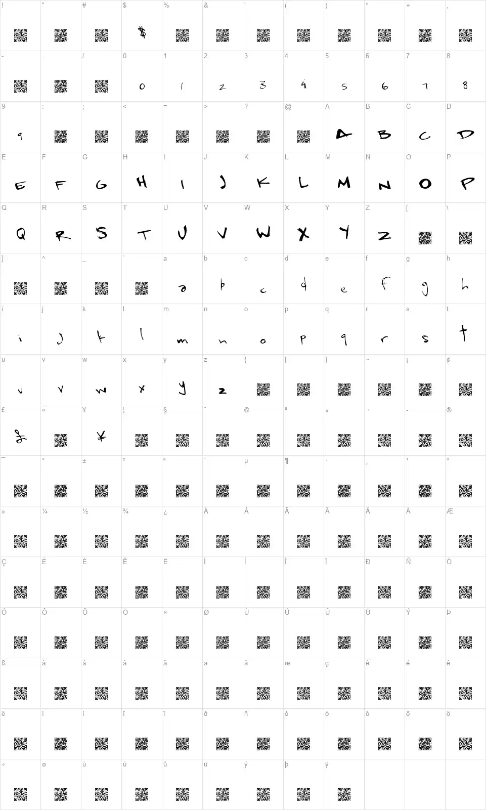 Rapid Slothsfont character map