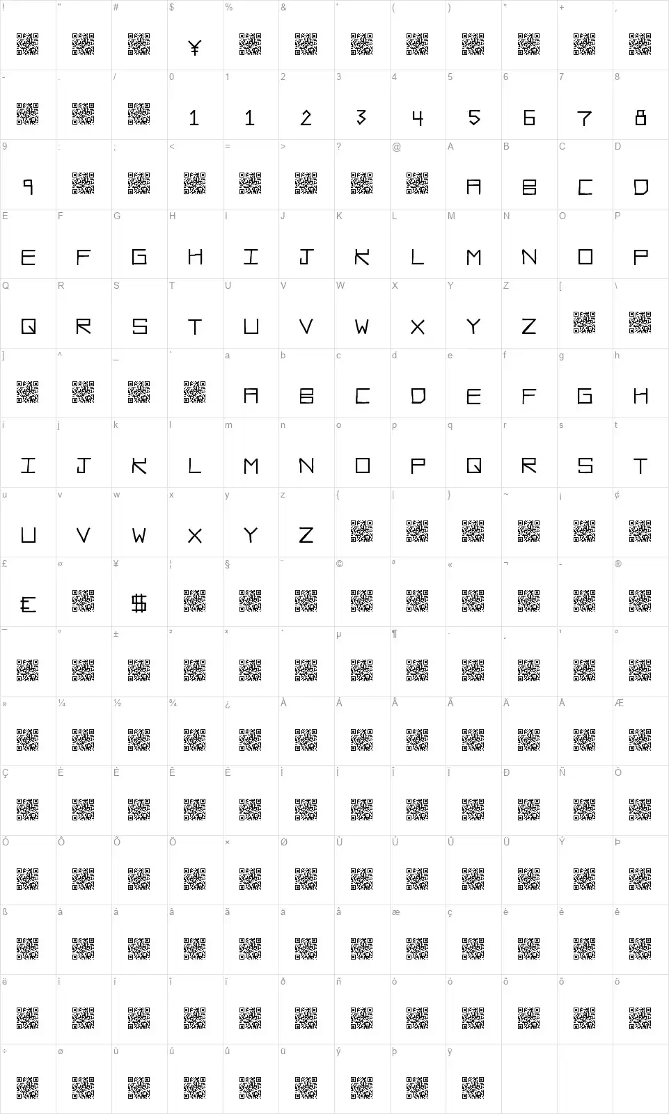 Raw Dietfont character map