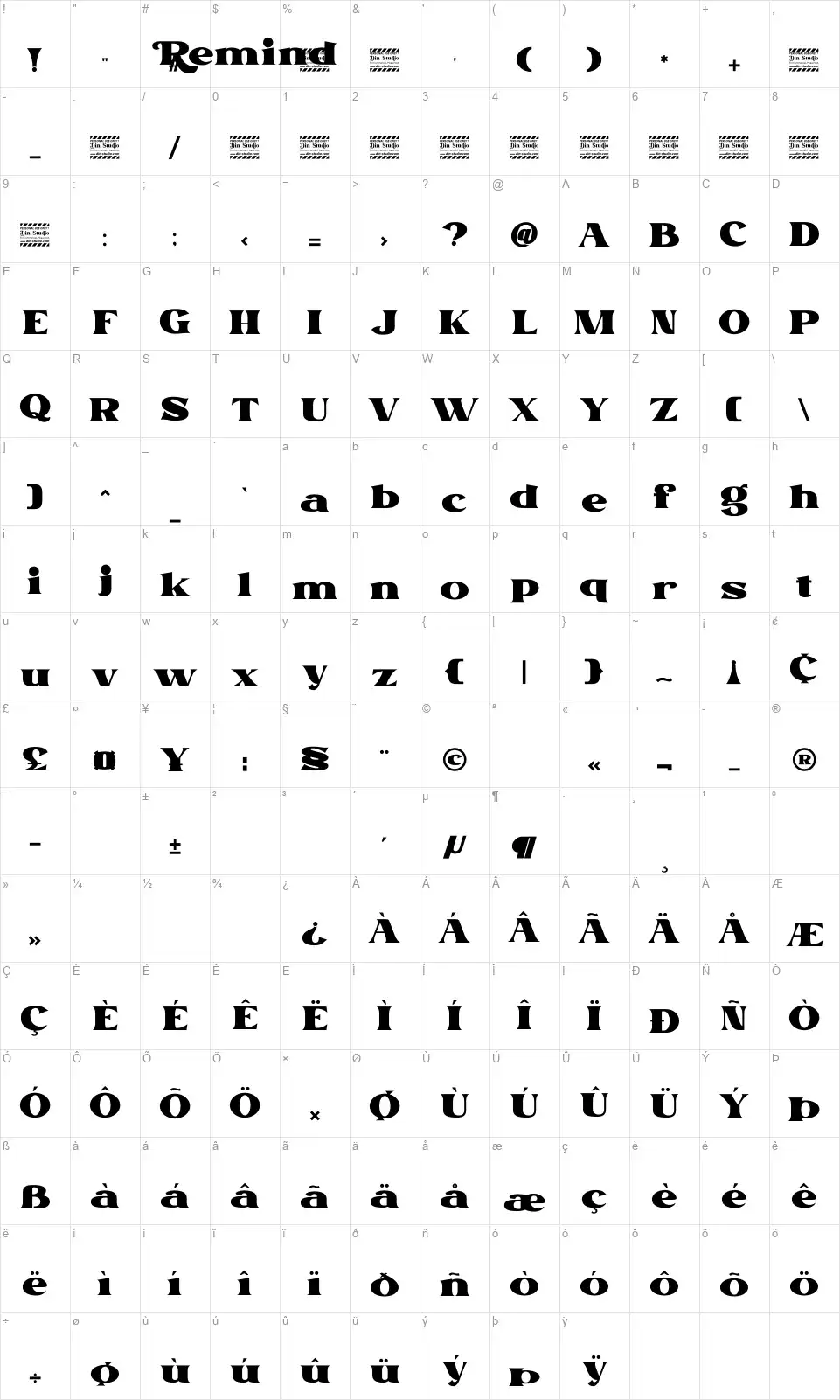Remindfont character map