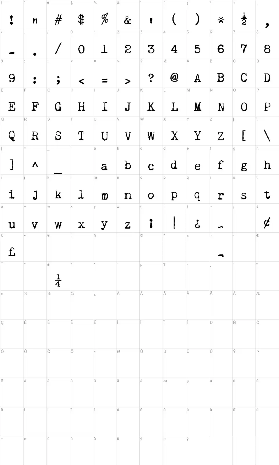 Remington Noiselessfont character map