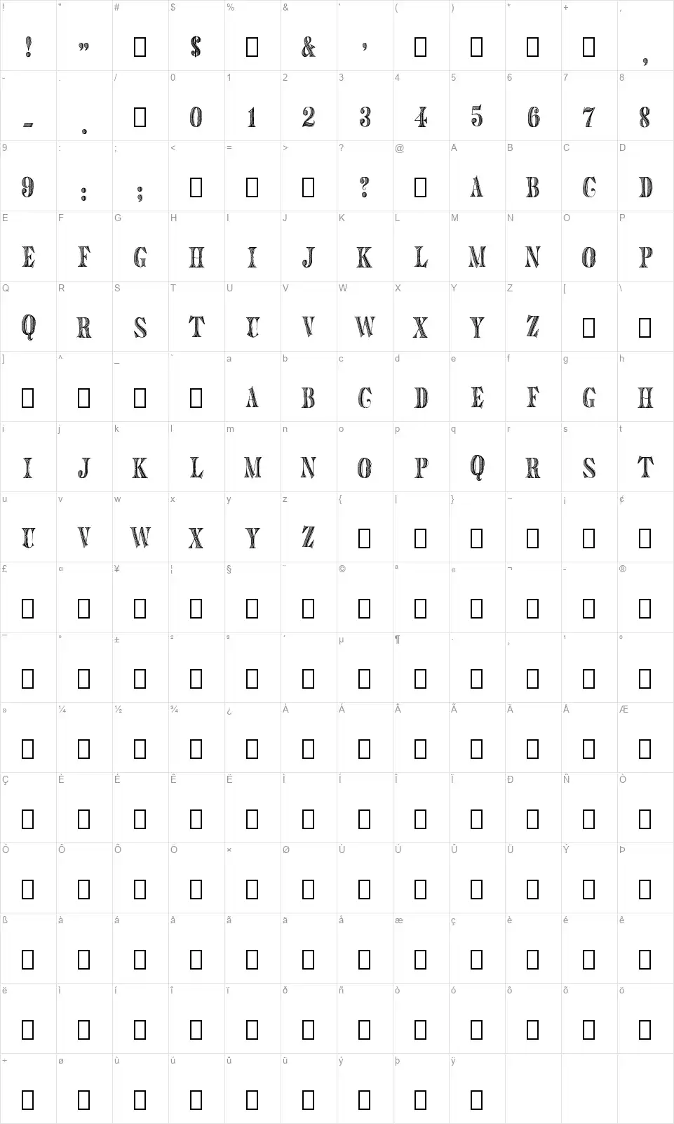 Ruskin MS&Jfont character map