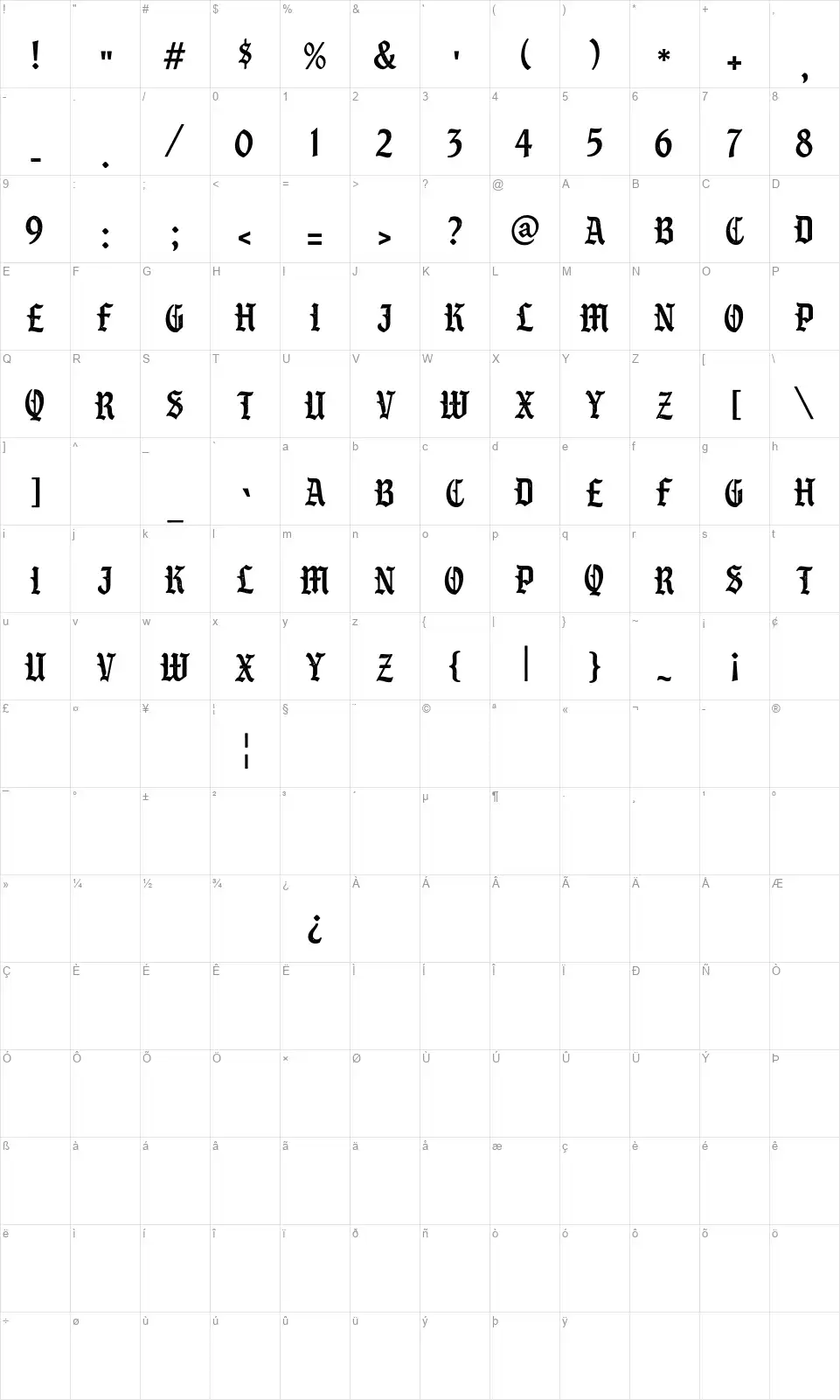 S&S Grey Hood Sevenfont character map