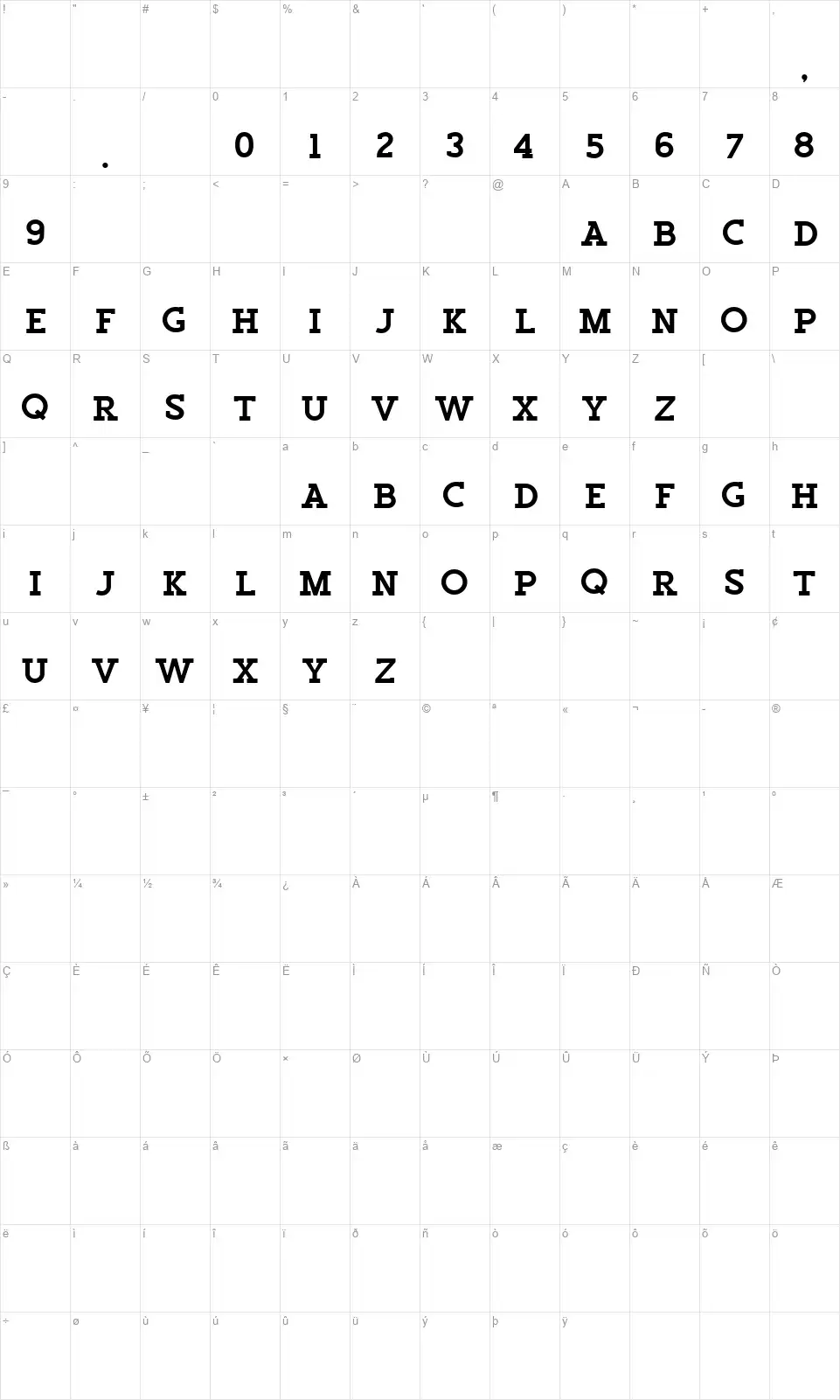 Salveation Slabfont character map