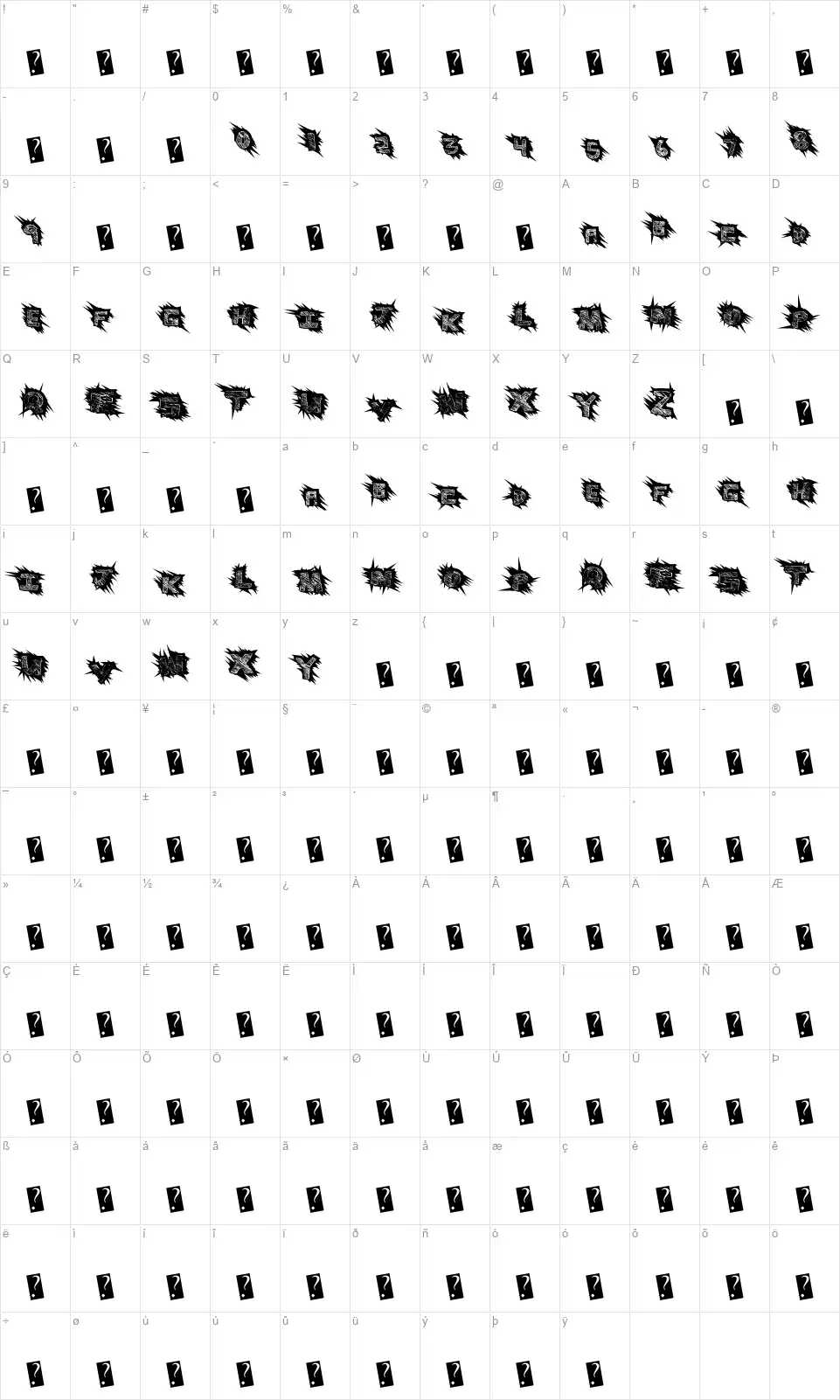 Scratchinglyfont character map