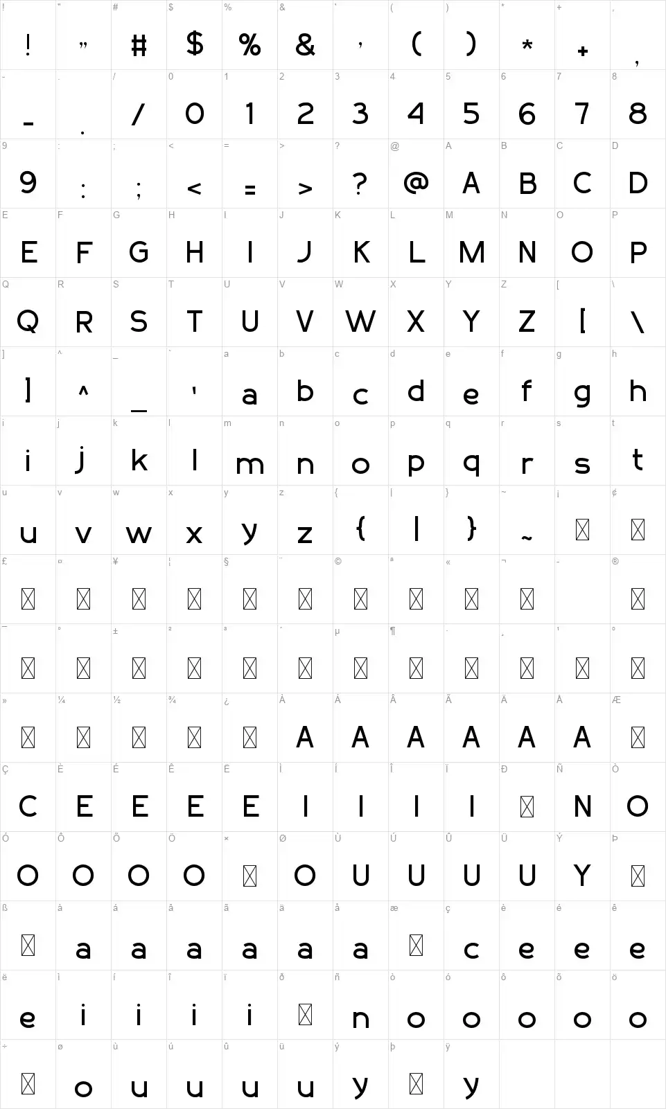Secondafont character map