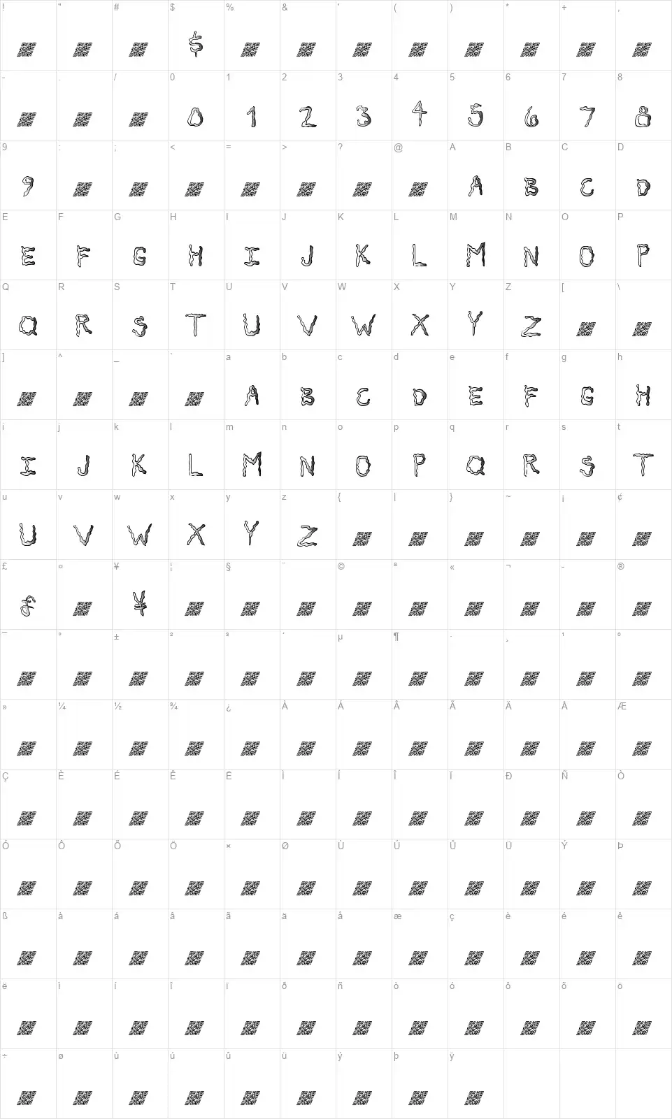 Secret Tickle MBfont character map