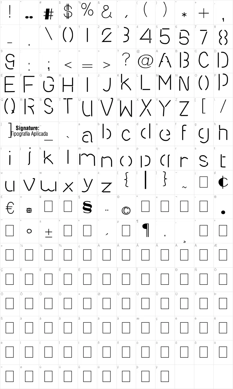 Sequence Lightfont character map