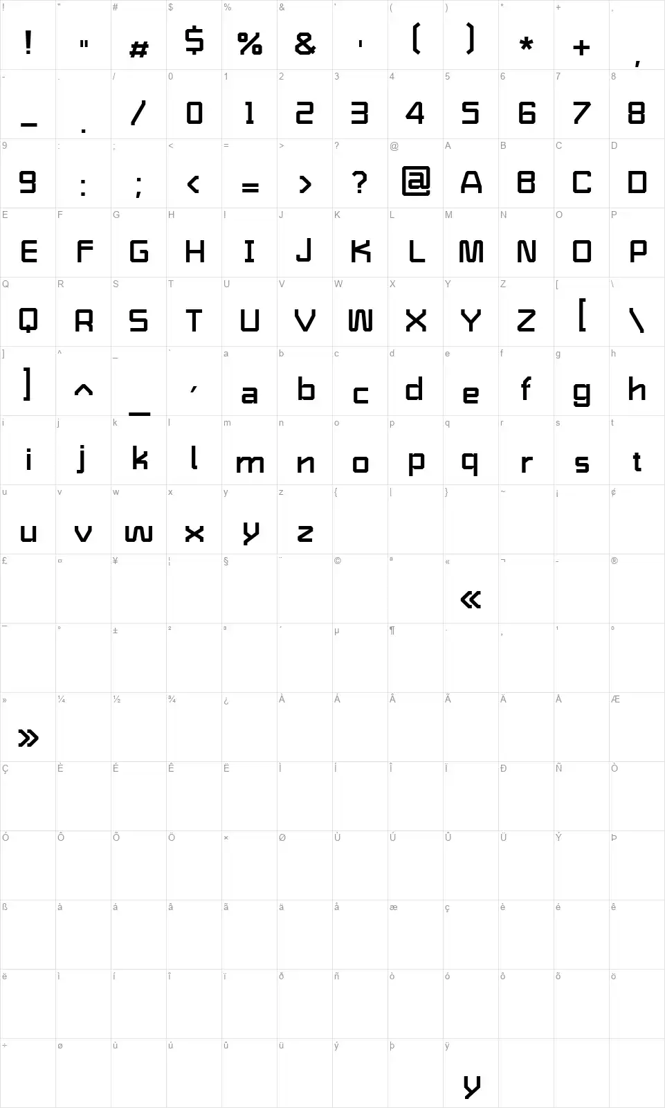 Shaffronfont character map
