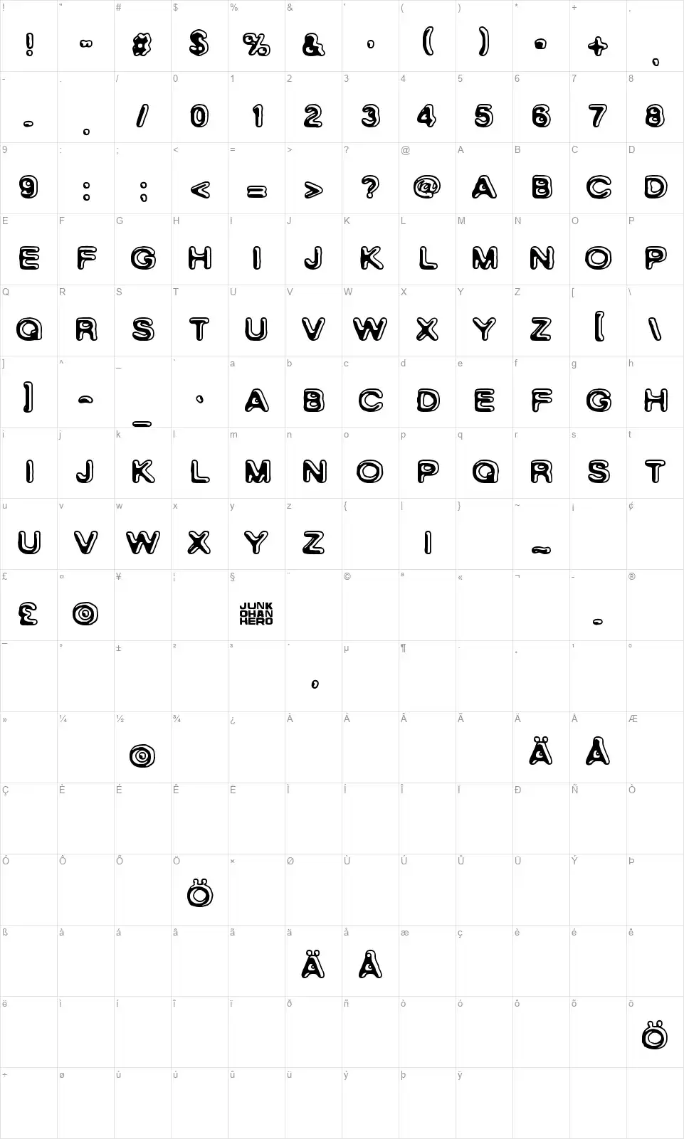 Skinny Zebrafont character map