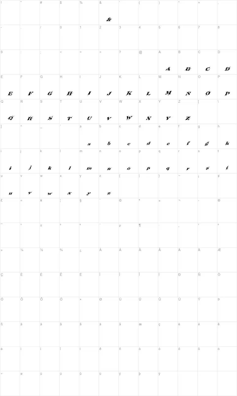 Slashtacularfont character map