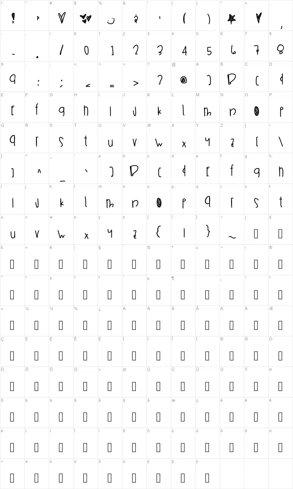 Sneaker Huntingfont character map