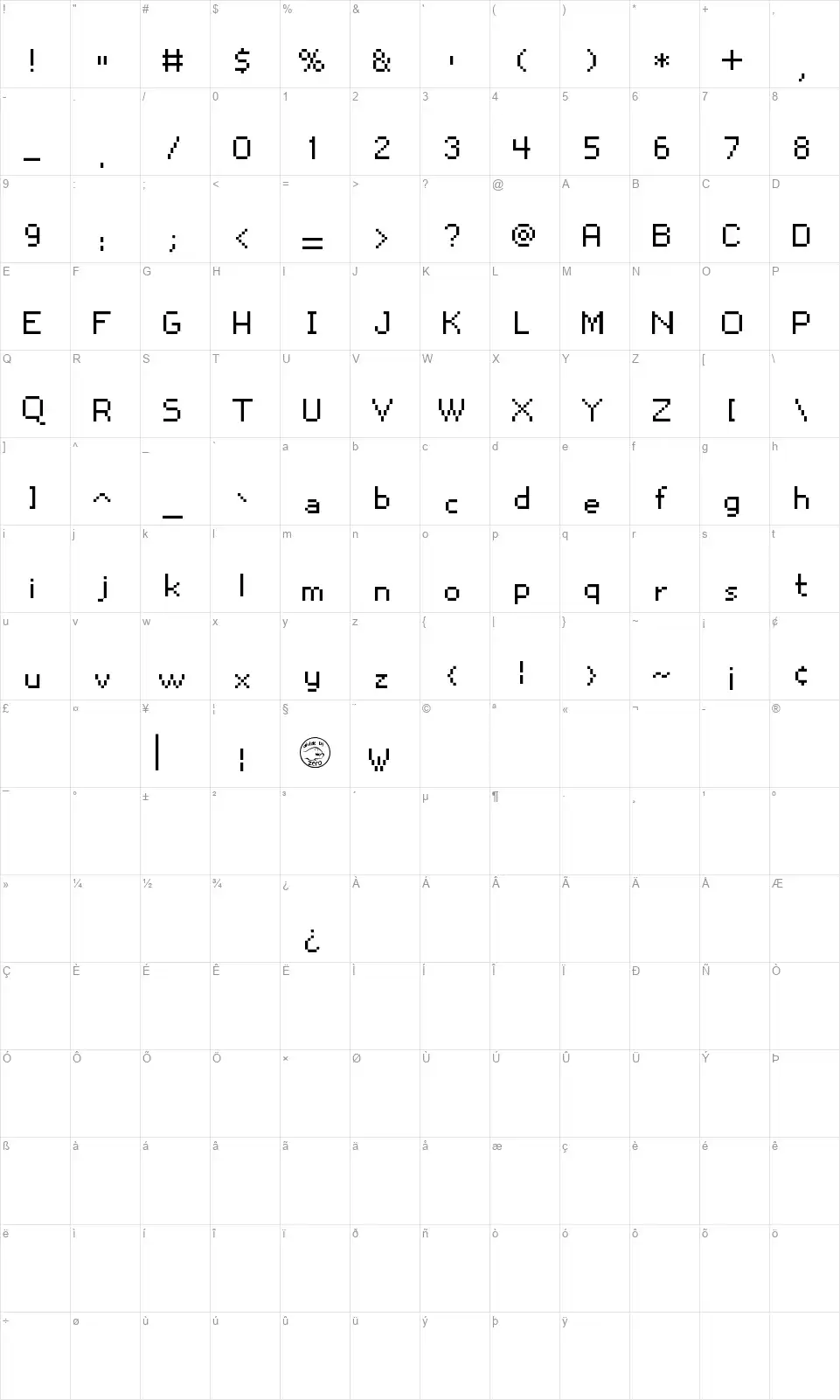 Snoot.org px10font character map