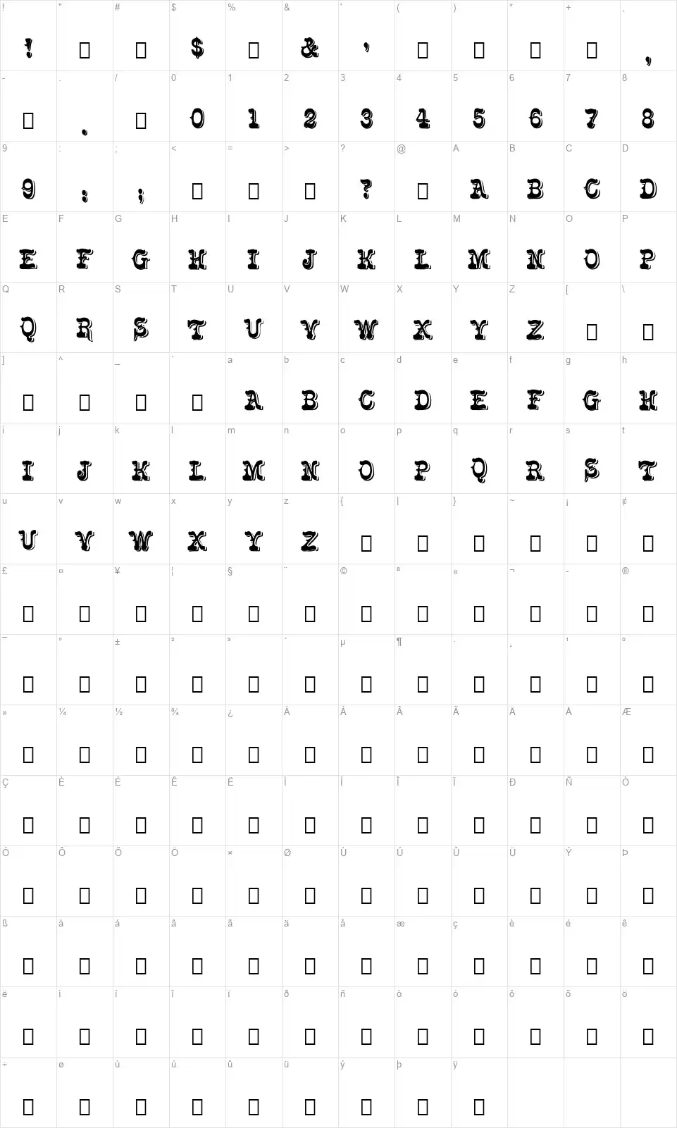 Solo's Bizarre Mapa de caracteres Solo's Bizarrefont character map