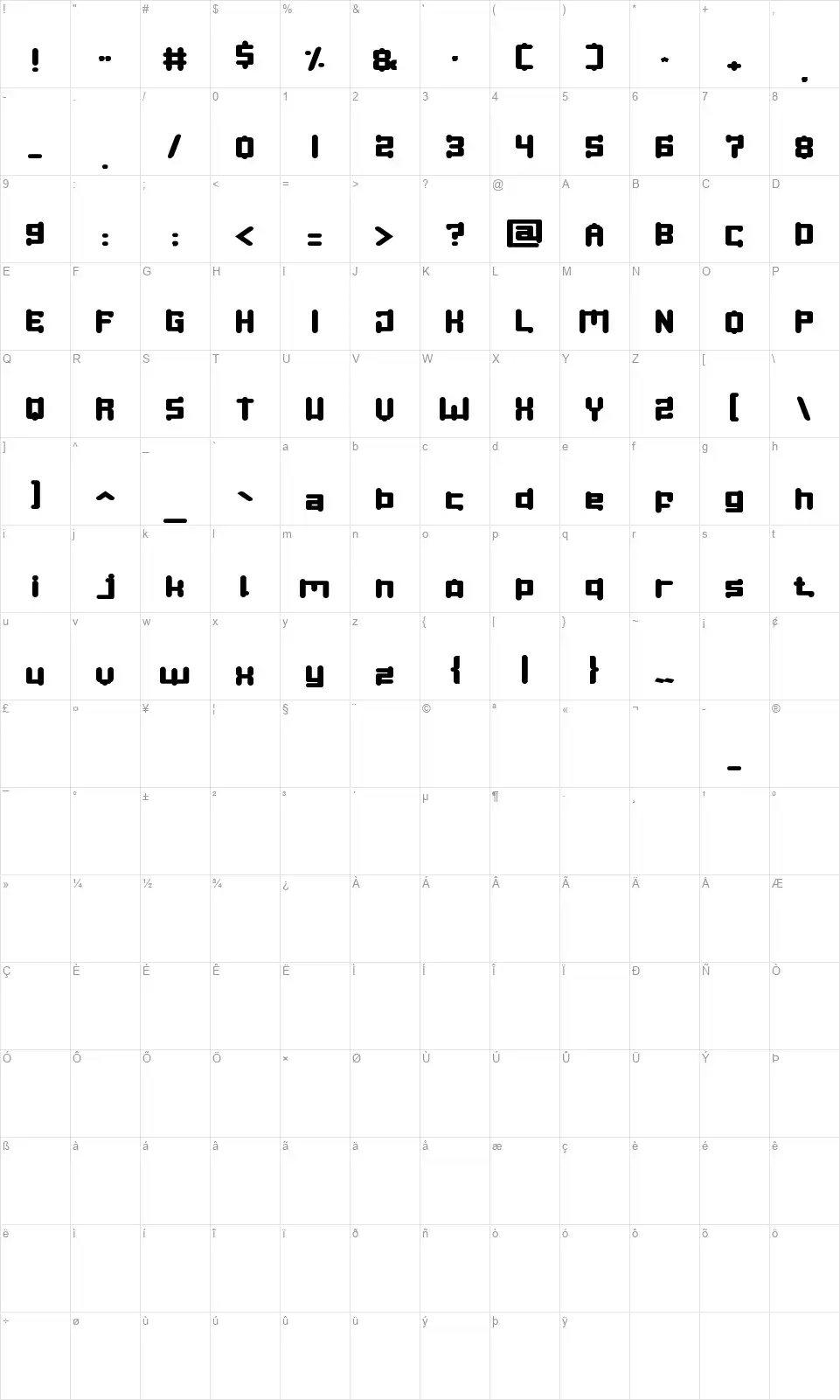 Space Objectfont character map