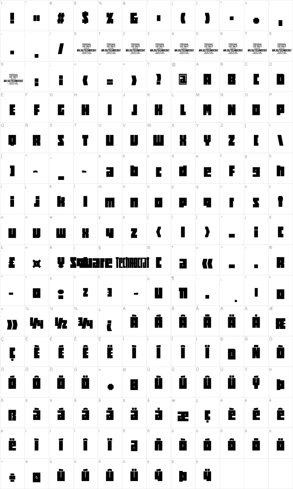 Square Technocratfont character map