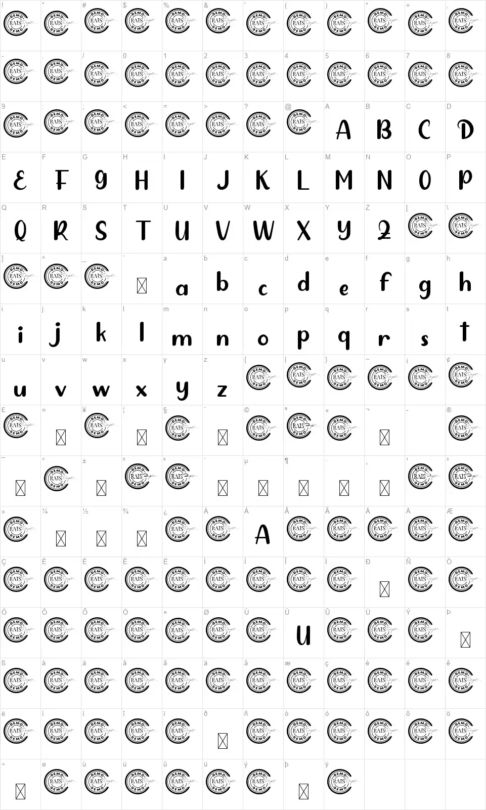 Squishy Whalefont character map