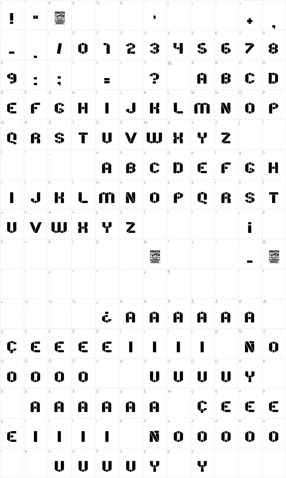 Stencil Paperfont character map
