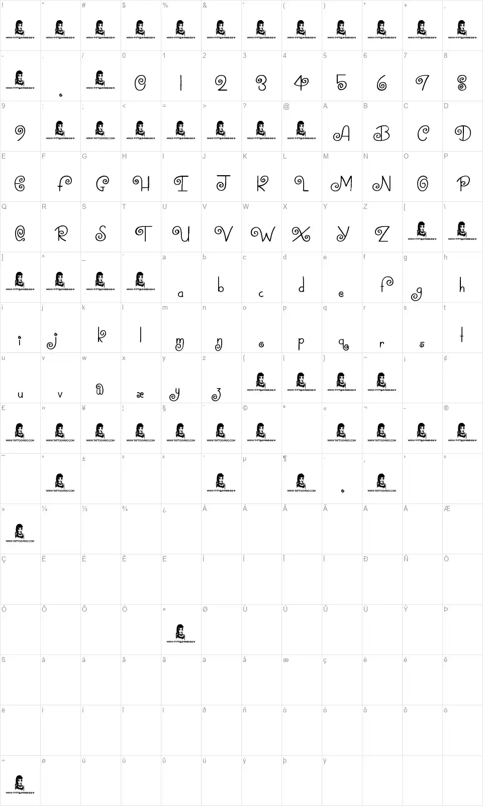 Swirly Topsfont character map